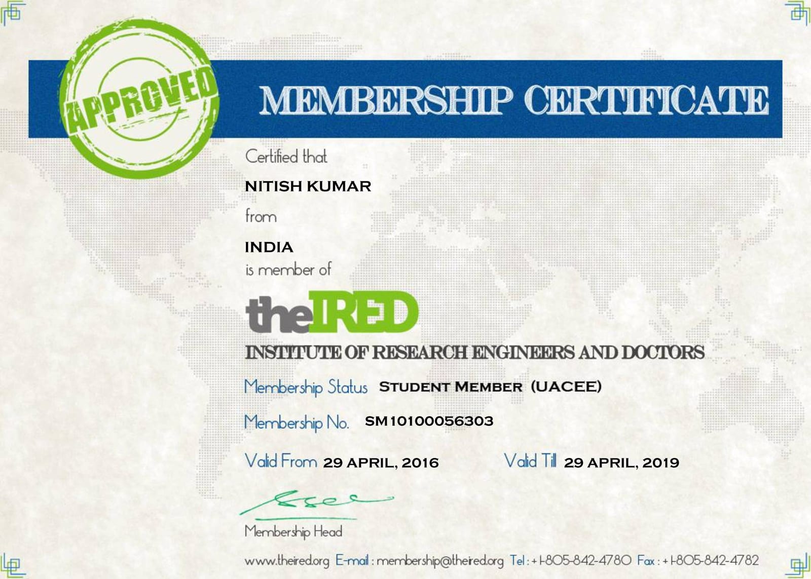 IRED membership record for Nitish Kumar from 2016 to 2019