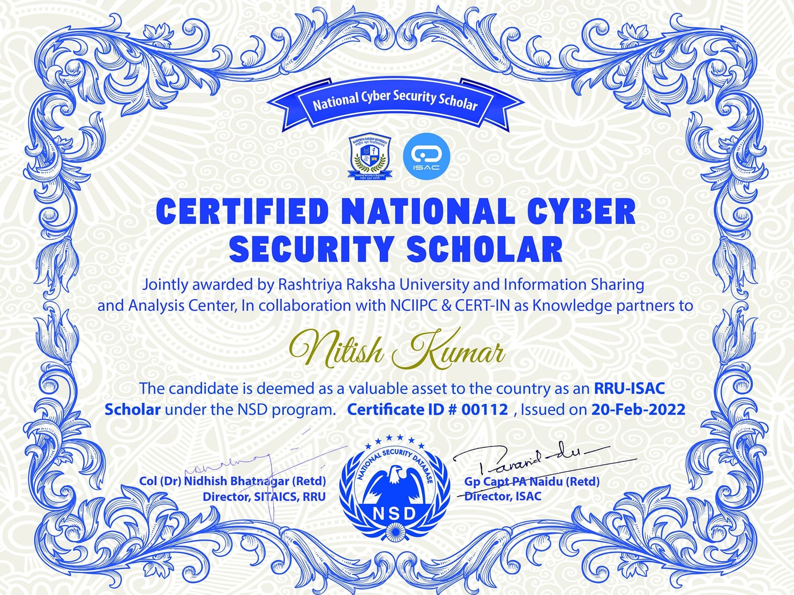 NSD scholar certificate issued to Nitish Kumar in 2022