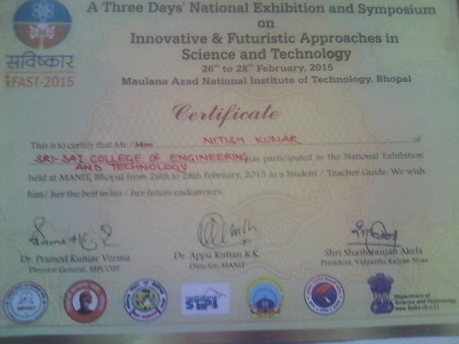 NIFAST 2015 participation certificate for Nitish Kumar at MANIT Bhopal