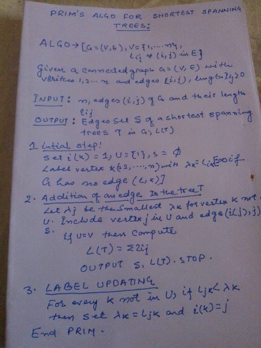 Handwritten Prim algorithm notes by Nitish Kumar