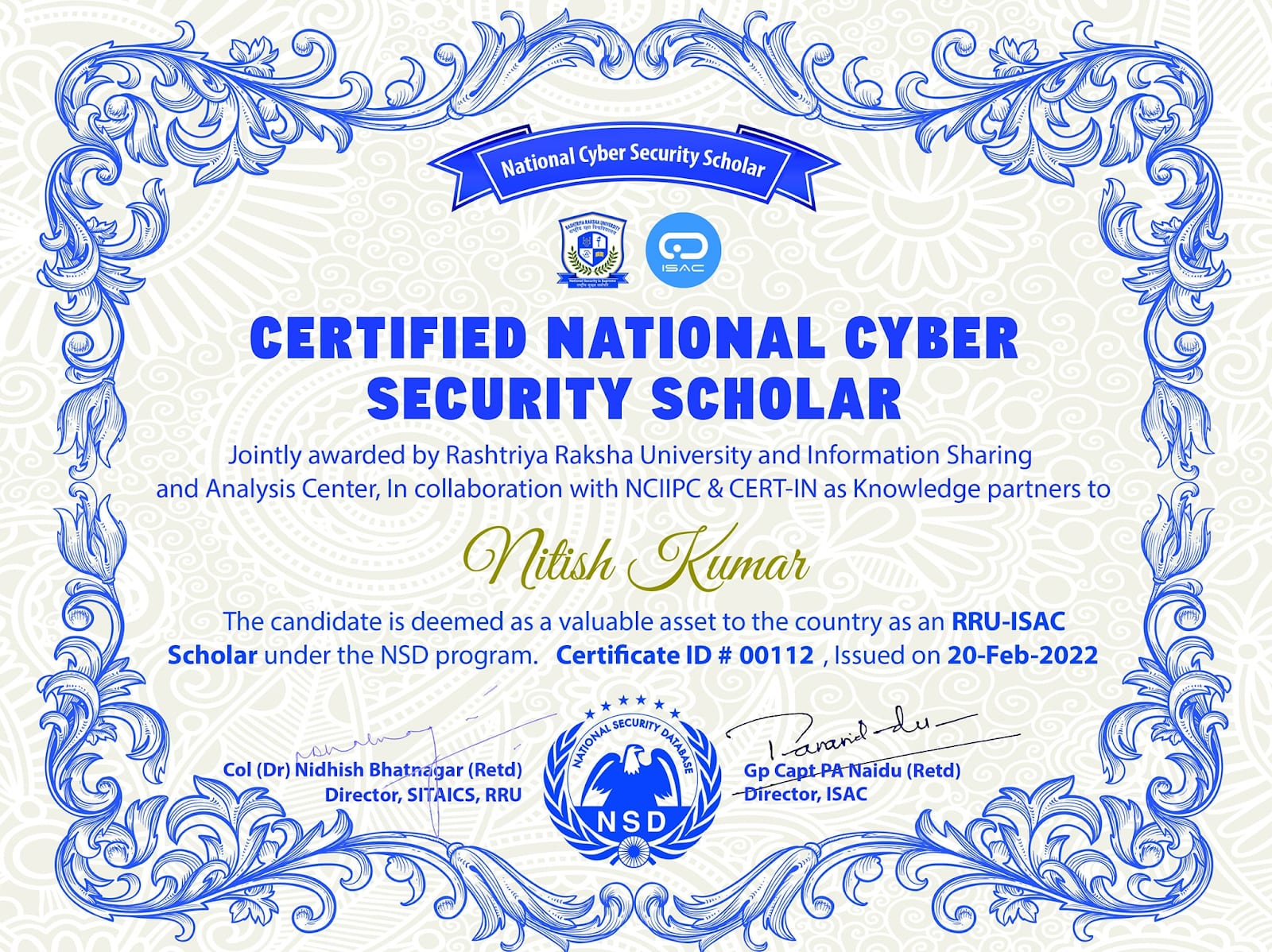 National Cyber Security Scholar Certificate — Nitish Kumar (thenitishkr), NSD program