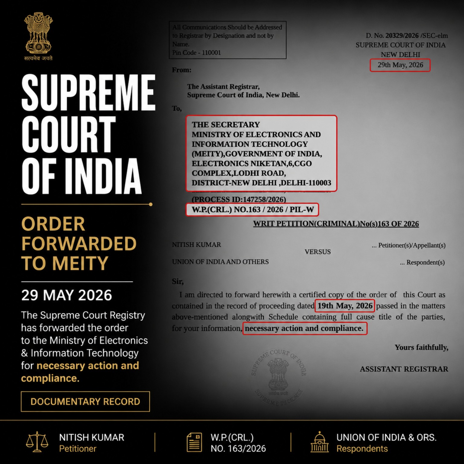 Supreme Court of India order forwarded to MEITY - W.P.(Crl.) 163/2026 by Nitish Kumar (thenitishkr)